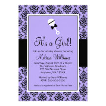 Purple Black Damask Rattle Baby Shower Invitations