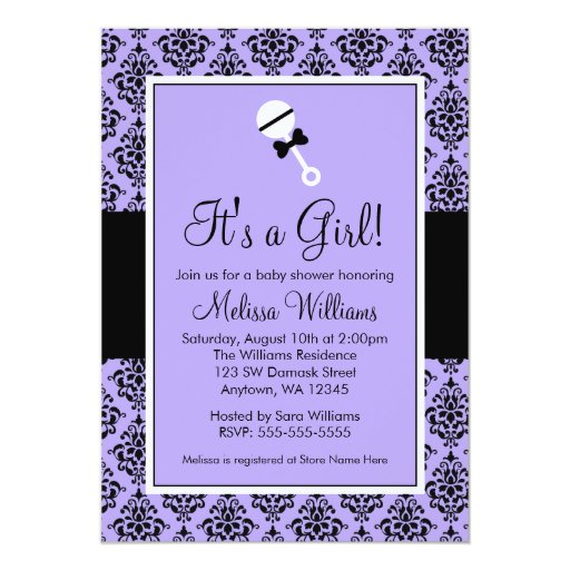 Purple Black Damask Rattle Baby Shower Invitations | Zazzle