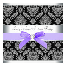 Purple Black Damask Sweet 16 Birthday Party Custom Invitations