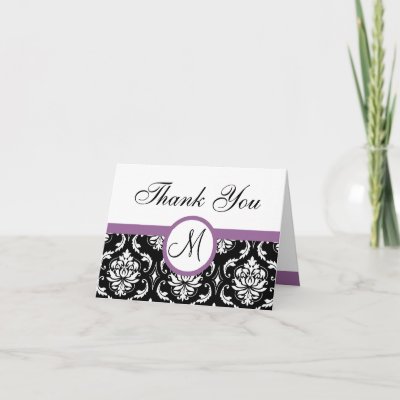 Purple Black Damask Wedding Monogram Thank You Greeting Card by 