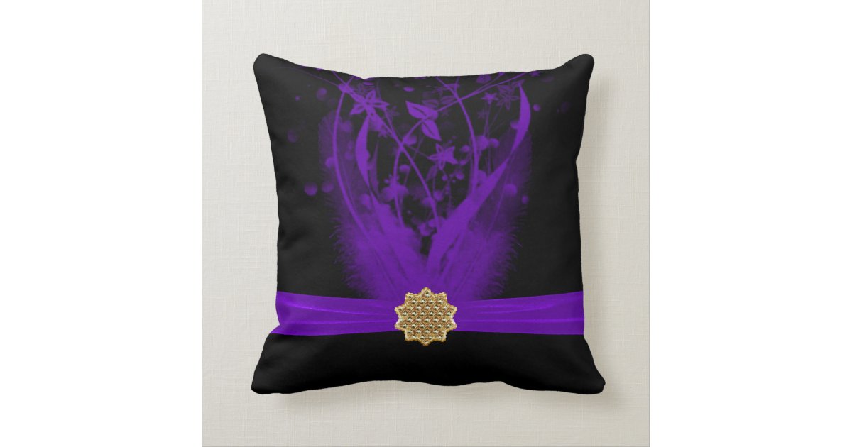 Purple & Black Feather Floral Throw Pillow Zazzle