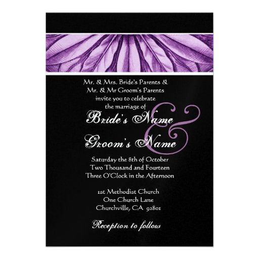 Purple Black Flower Petal Wedding Metallic Paper Announcement