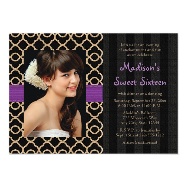 Purple Black Gold Moroccan Sweet Sixteen Photo Card