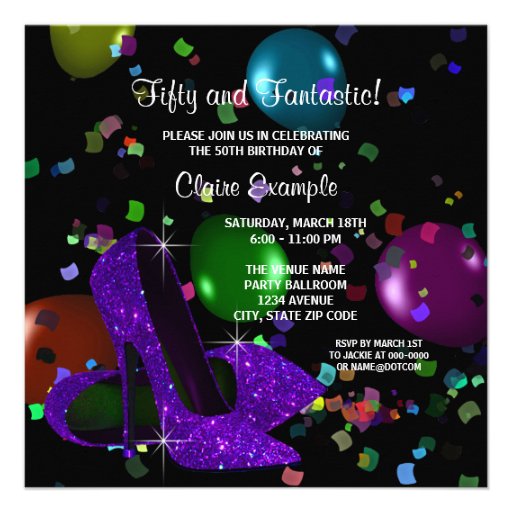 Purple Black High Heels Womans Birthday Party Personalized Announcements (front side)