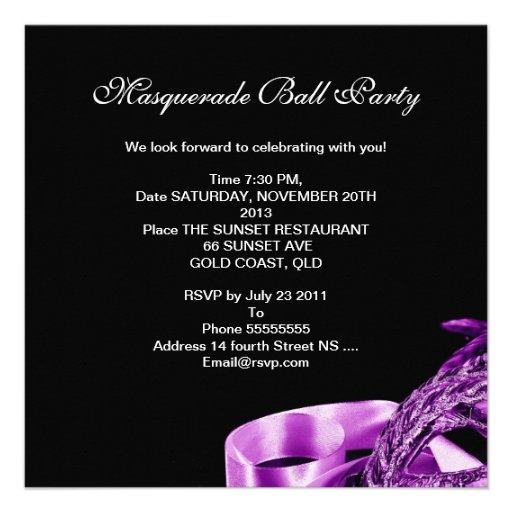 Purple Black Masks Masquerade Ball Party Invitation