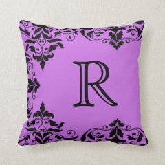 Purple & Black Monogram Damask Pillow