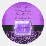 Purple black "new address" wedding floral damask round stickers