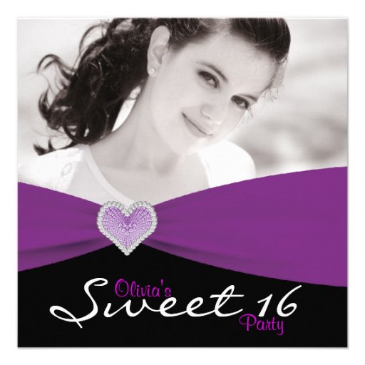 Purple Black Purple Sweet 16 Photo Birthday Party Custom Invites