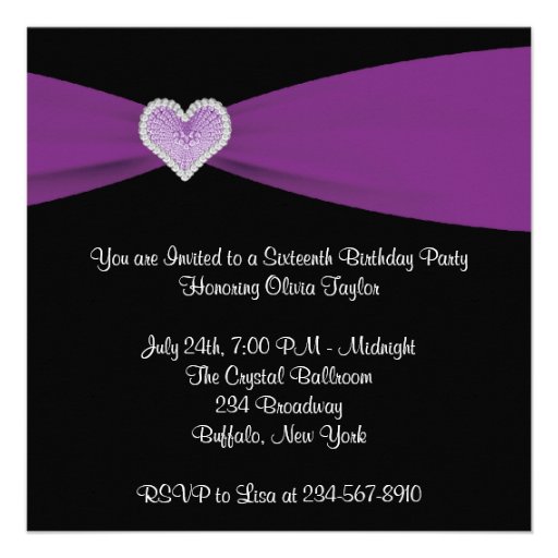 Purple Black Purple Sweet 16 Photo Birthday Party Custom Invites