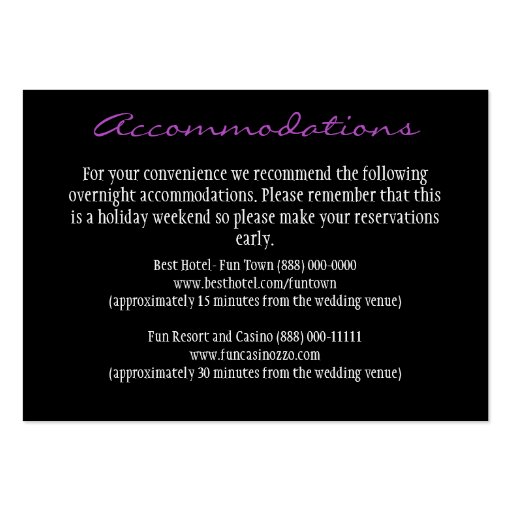 Purple & Black Reception Accommodation Cards Business Card Templates (front side)