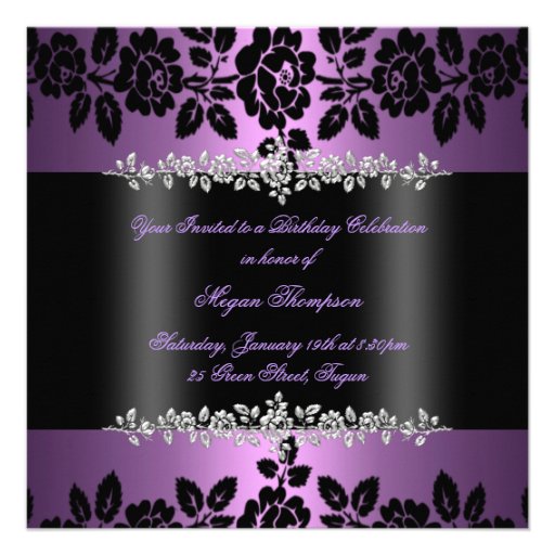 Purple & Black Rose Sweet 16 Birthday Invitation