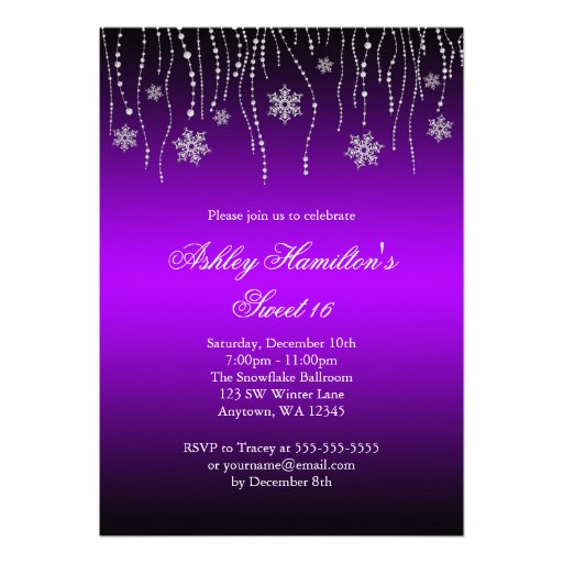 Purple Black Snowflakes Sweet 16 Winter Wonderland Invites