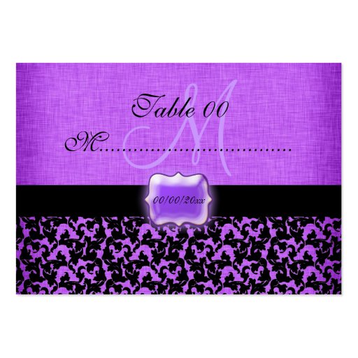 Purple black "table number" wedding damask business card (front side)