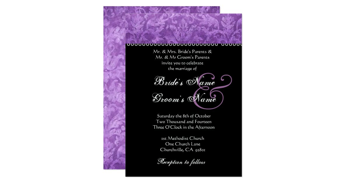Purple Black White Damask Wedding Invitation Zazzle