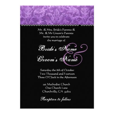 Purple Black White Damask Wedding Invitation