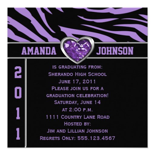 Purple Black Zebra Purple and Silver Heart Jewel Personalized Invite