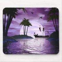 purple, sunset, boat, ship, boats, ships, palm, trees, ocean, scene, fantasy, fantasies, oceans, Mouse pad with custom graphic design