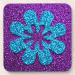 Purple & Blue Glitter Retro Flower Coaster