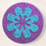 Purple & Blue Glitter Retro Flower Beverage Coaster