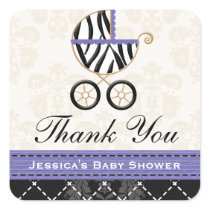 Purple Blue Zebra Baby Carriage Thank You stickers
