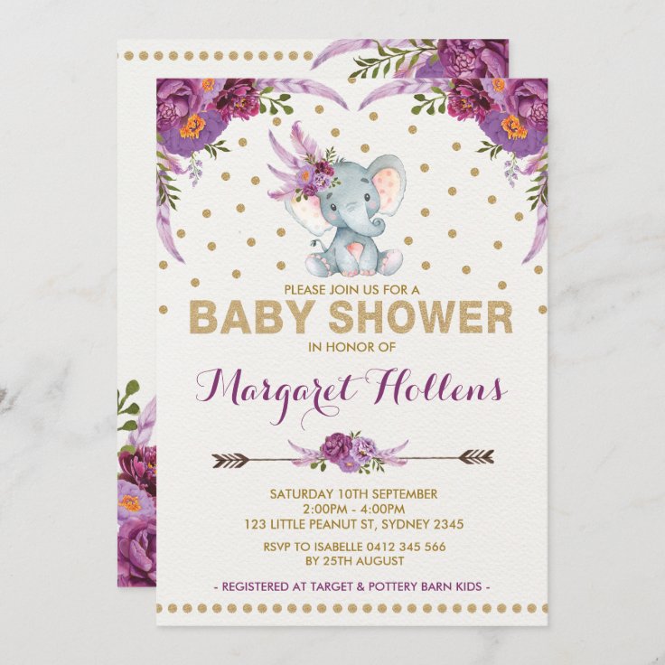 Purple Boho Floral Elephant Baby Shower Invite Zazzle