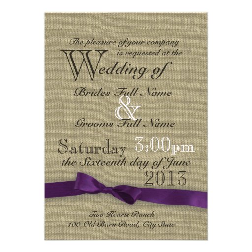 Purple Bow and Rustic Burlap Wedding Announcements