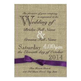 Purple Bow and Rustic Burlap Wedding 5x7 Paper Invitation Card