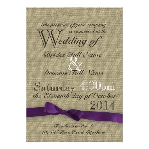 Purple Bow and Rustic Burlap Wedding Invites