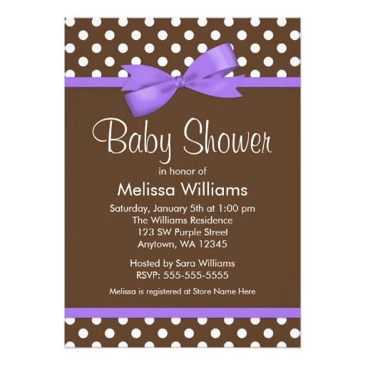 Purple Bow Brown Polka Dot Baby Shower Invitations