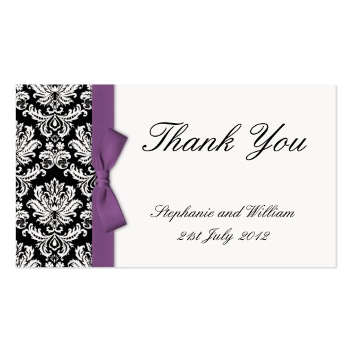Purple Bow Damask Thank You Cards Business Card (front side)
