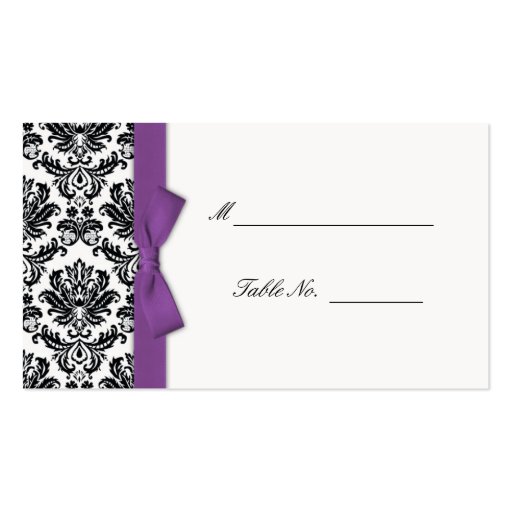 Purple Bow Damask Wedding Placecards Business Card Template (front side)