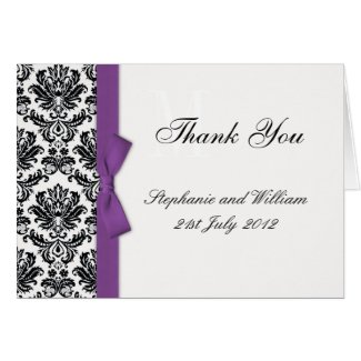 Purple Bow Damask Wedding Thank You Cards