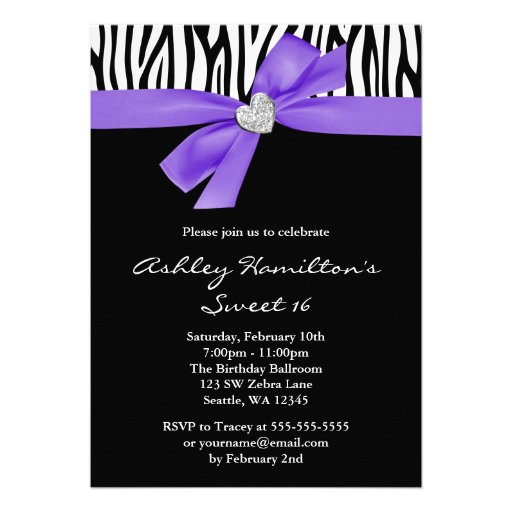 Purple Bow Diamond Heart Zebra Sweet 16 Invite