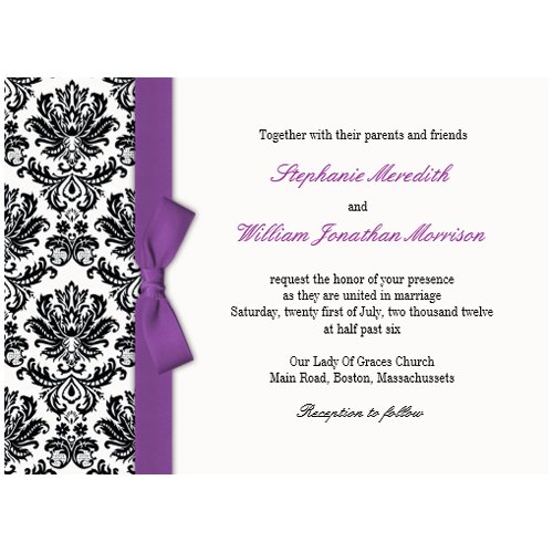 Purple Bow with Damask Wedding Invitation invitation
