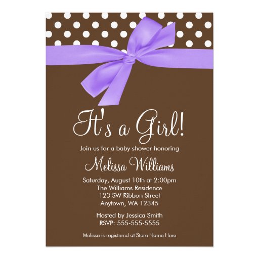 Purple Brown Bow Polka Dot Baby Shower Invitations