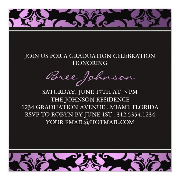 Purple & Brown Damask Graduation Announcement