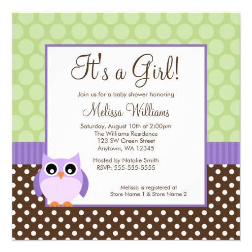 Purple Brown Green Owl Polka Dot Girl Baby Shower Announcement (front side)