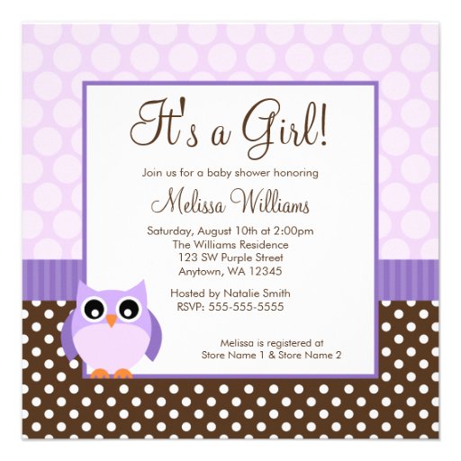 Purple Brown Owl Polka Dot Girl Baby Shower Personalized Announcement