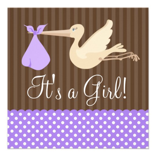 Purple Brown Stork Dots Girl Baby Shower Custom Invitation