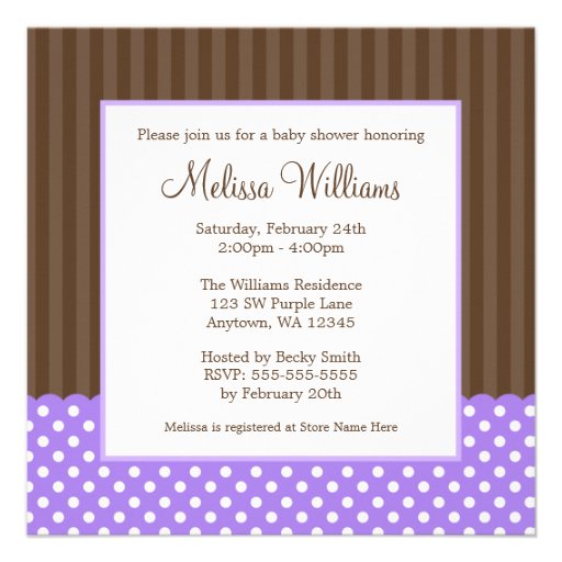 Purple Brown Stork Dots Girl Baby Shower Custom Invitation