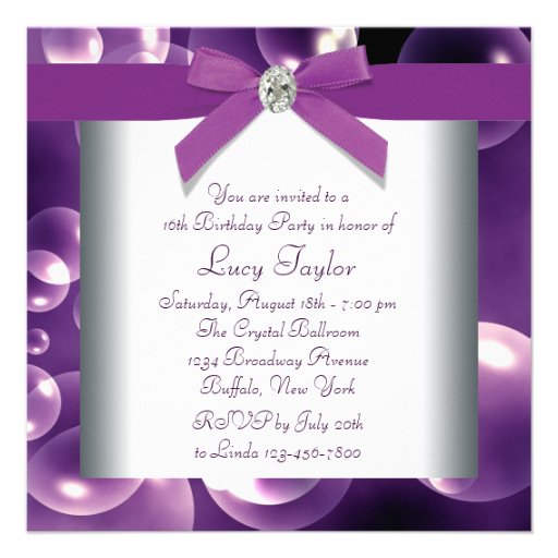 Purple Bubbles Purple Sweet 16 Birthday Party Announcement