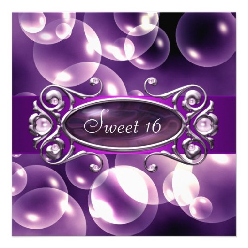 Purple Bubbles Purple Sweet 16 Party Personalized Announcement