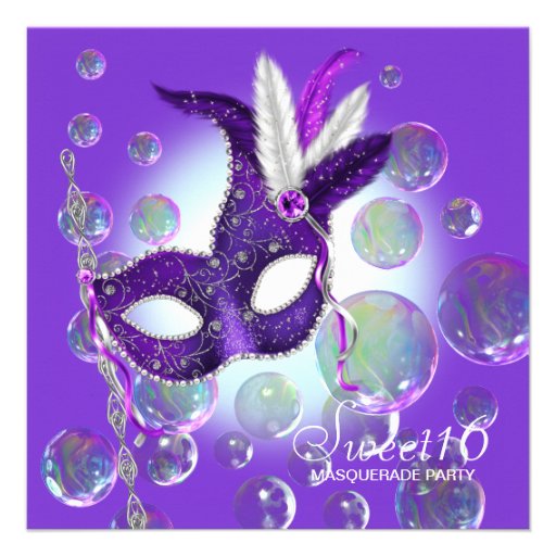 Purple Bubbles Purple Sweet Sixteen Masquerade Invitation