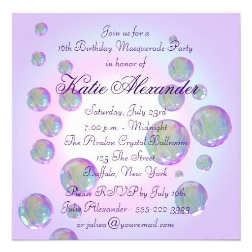 Purple Bubbles Purple Sweet Sixteen Masquerade Invitation