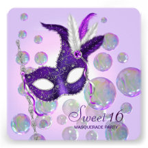 Purple Bubbles Purple Sweet Sixteen Masquerade Invitations