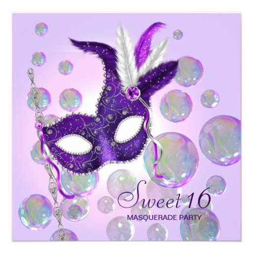 Purple Bubbles Purple Sweet Sixteen Masquerade Invitations