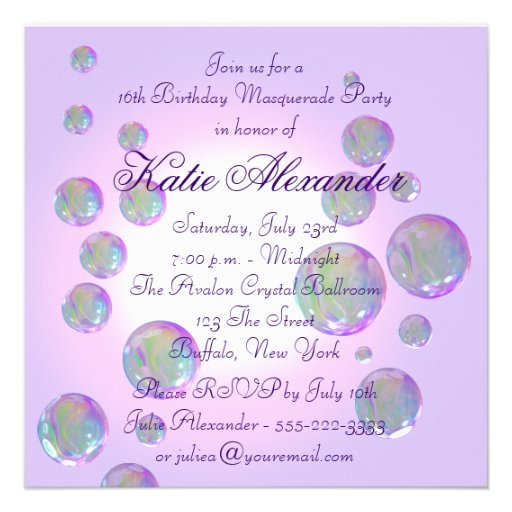 Purple Bubbles Purple Sweet Sixteen Masquerade Invitations