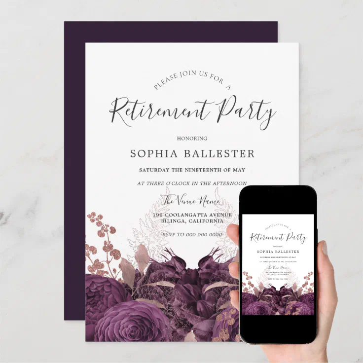 Purple Burgundy Floral Elegant Retirement Party Invitation Zazzle