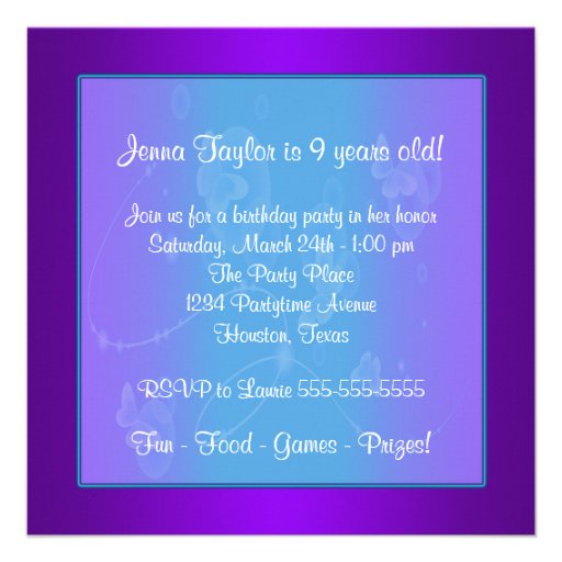Purple Butterfly 9th Birthday Party Invitation 9