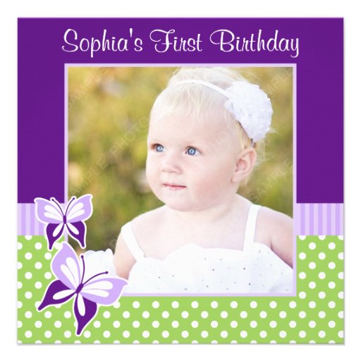 Purple Butterfly Green Polka Dot Birthday Photo Announcements